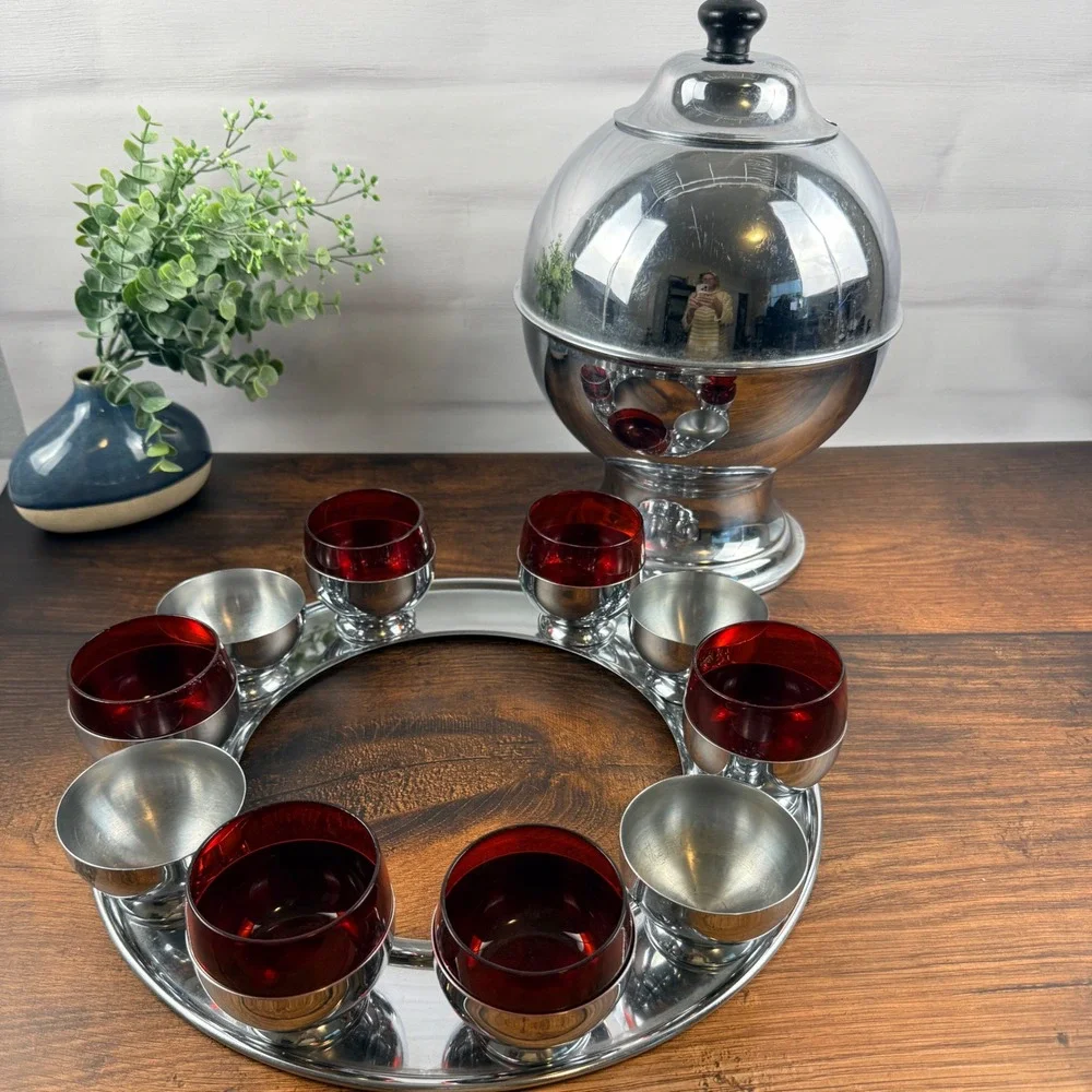 Chase USA Saturn Punch Bowl Set Ruby Glass Mid Century Barware